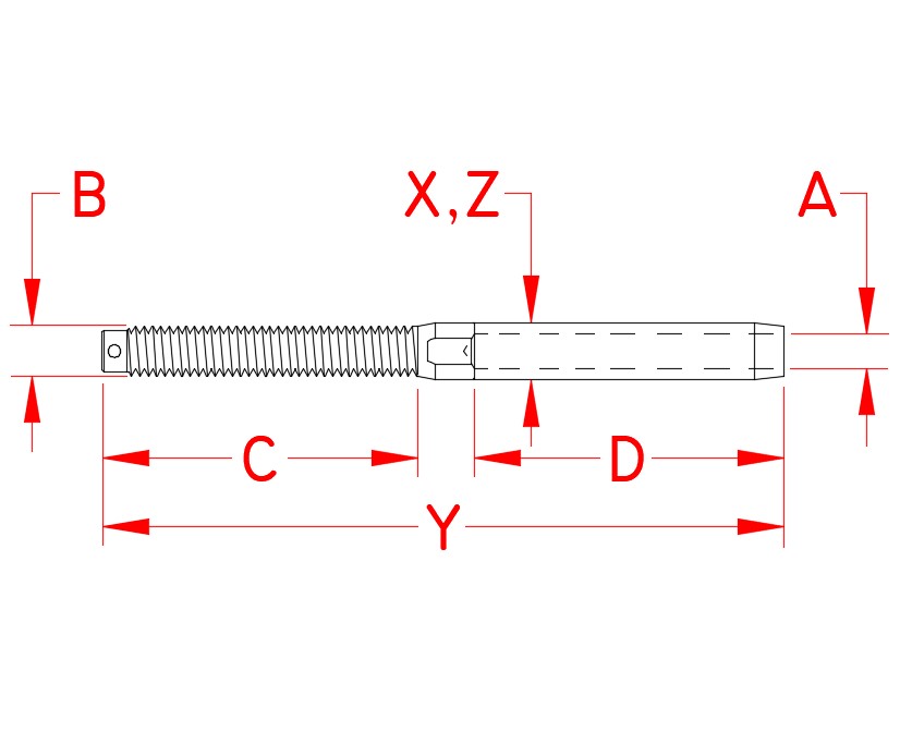 Stainless Steel Right Hand Swage Stud, UNF Thread, S0731-0501, S0731-0502, S0731-0702, S0731-0703, S0731-0704, S0731-0705, S0731-0904, S0731-0905, S0731-1005, S0731-1006, S0731-1007, S0731-1307, S0731-1308, S0731-1610, S0731-1309, S0731-2013, Line Drawing